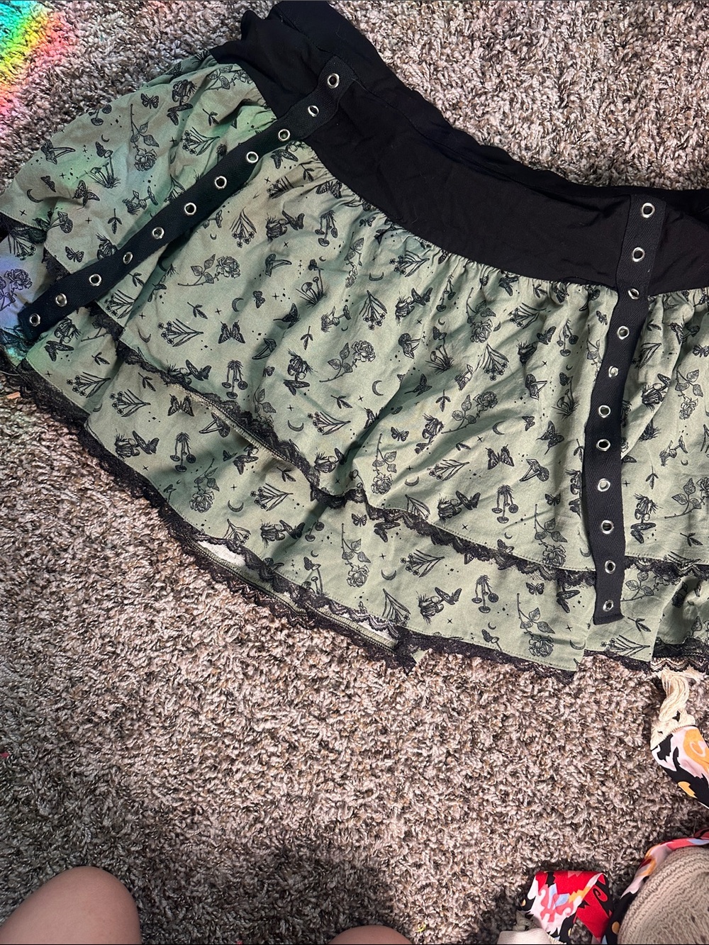 Sage Green Printed Tiered Skater Skirt with Black Waistband